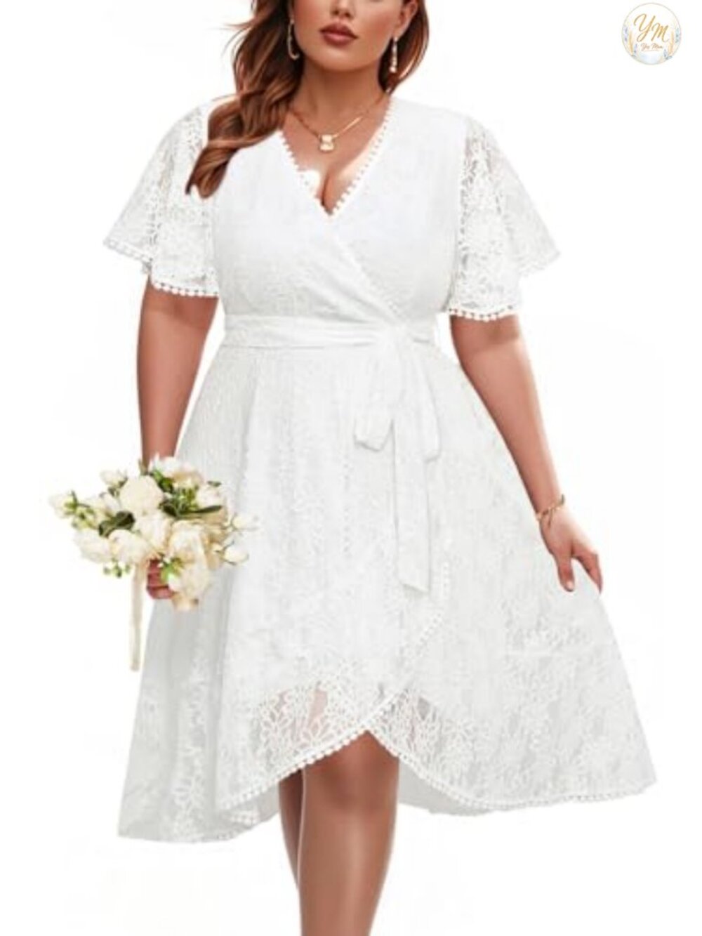 Plus Size Wedding Guest Cocktail Dress Lace V-Neck Short Sleeve Knee Length
